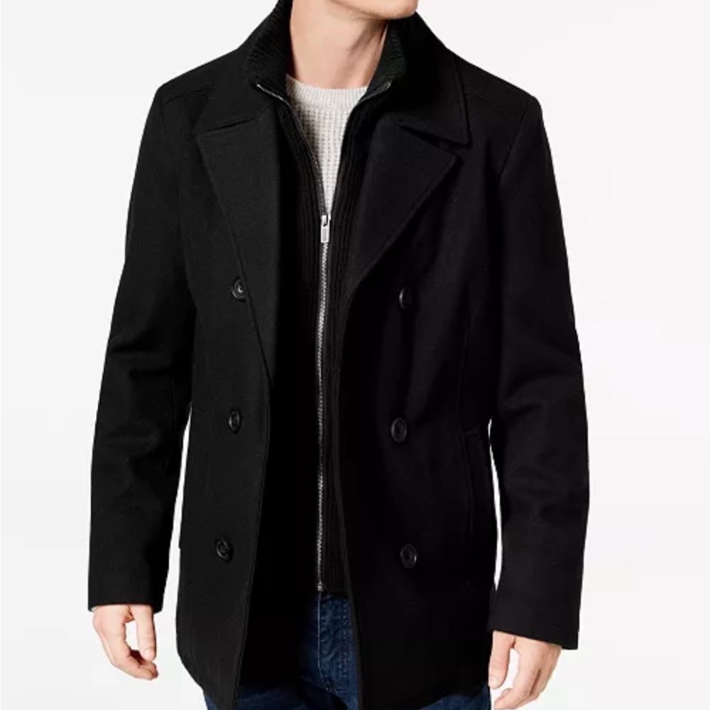 Kenneth Cole Men's Black Double-Breasted Peacoat with Zip-Front Layering